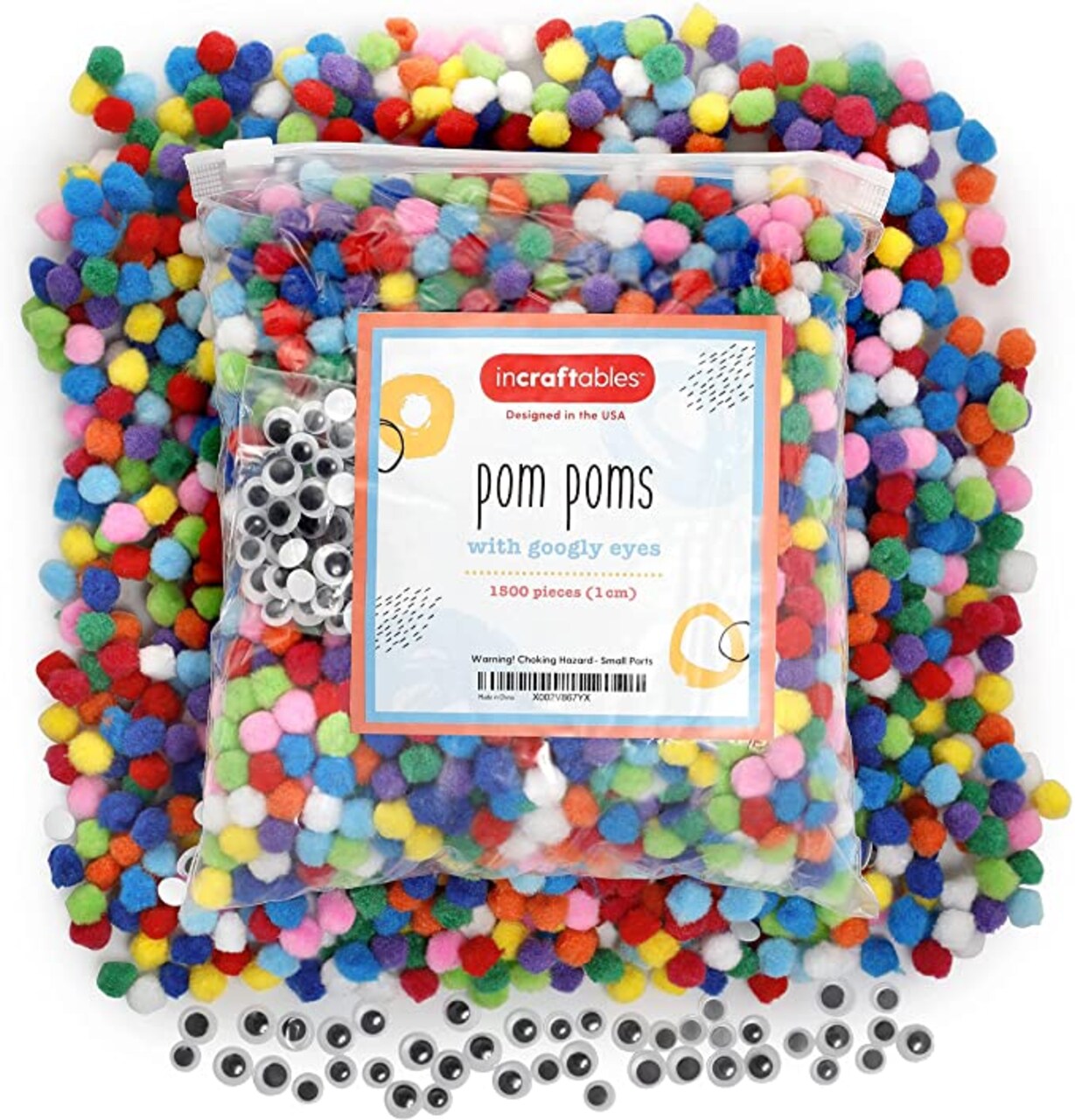 Incraftables 1500 Pcs Pom Poms with Googly Eyes. Best Colored Cotton 1 cm Puff Balls Pompom for DIY Crafts, Hats, Arts and Decorations. Multicolor Puffy Pompoms Gift Set for Kids & Adults